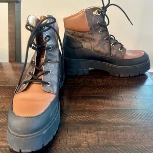 Coach Tan and Black Lace-Up Boots